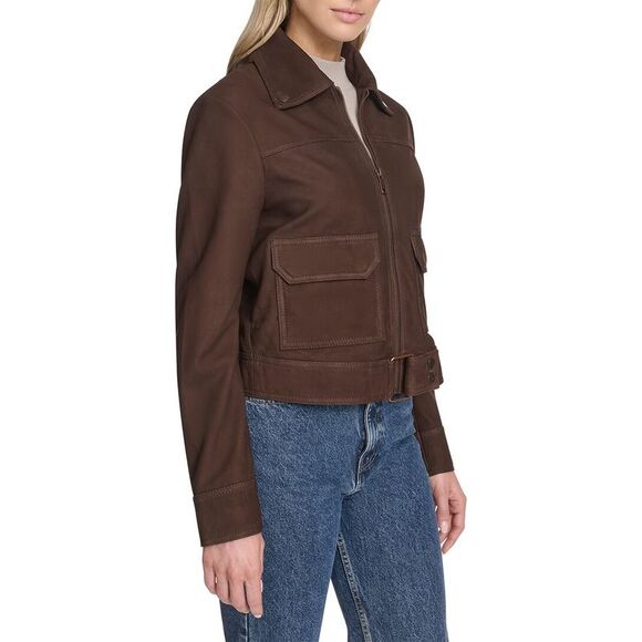 Andrew Marc Womens  Leather Trucker Jacket, Brown - Picture 3 of 4